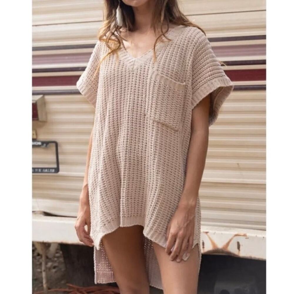POL | Beige Oatmeal Oversized‎ Knit Pullover Chenille Sweater Pocket | Large